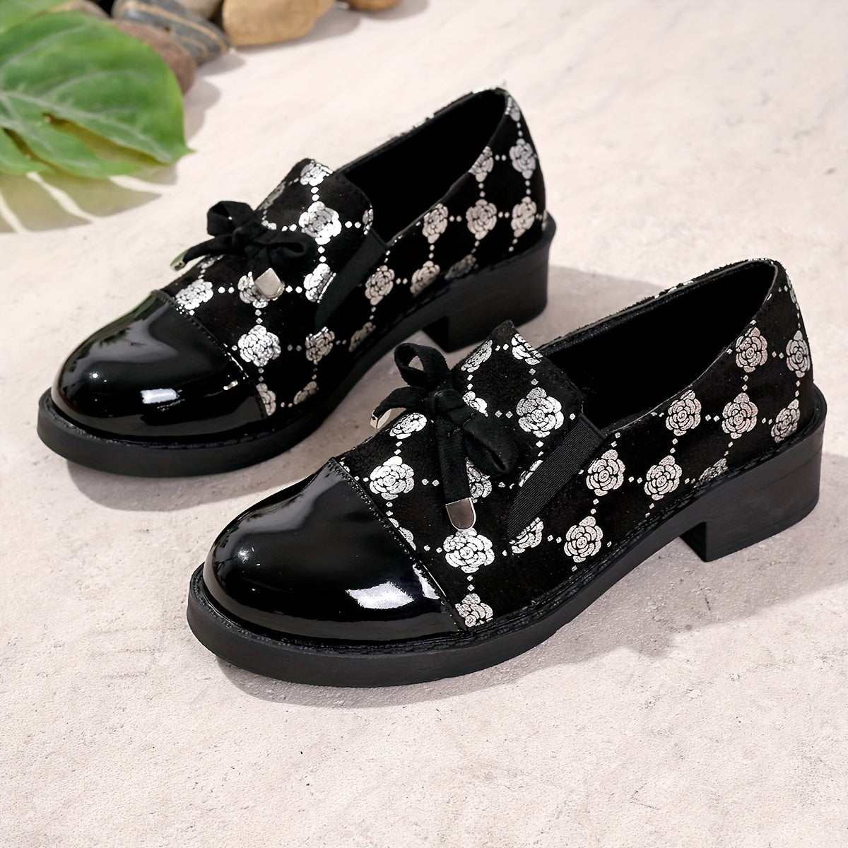 Women's Black Patterned Loafers with Bow and Sequins, Comfortable Low Heel
