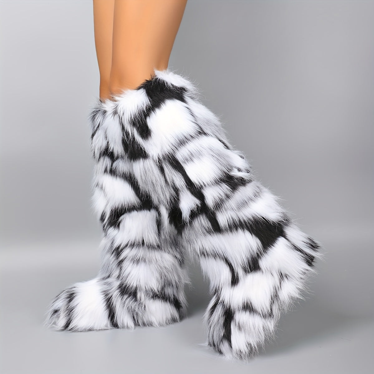 Women's Faux Fur Snow Boots Warm Winter Knee-High Fur-Lined Non-Slip Black White Zebra