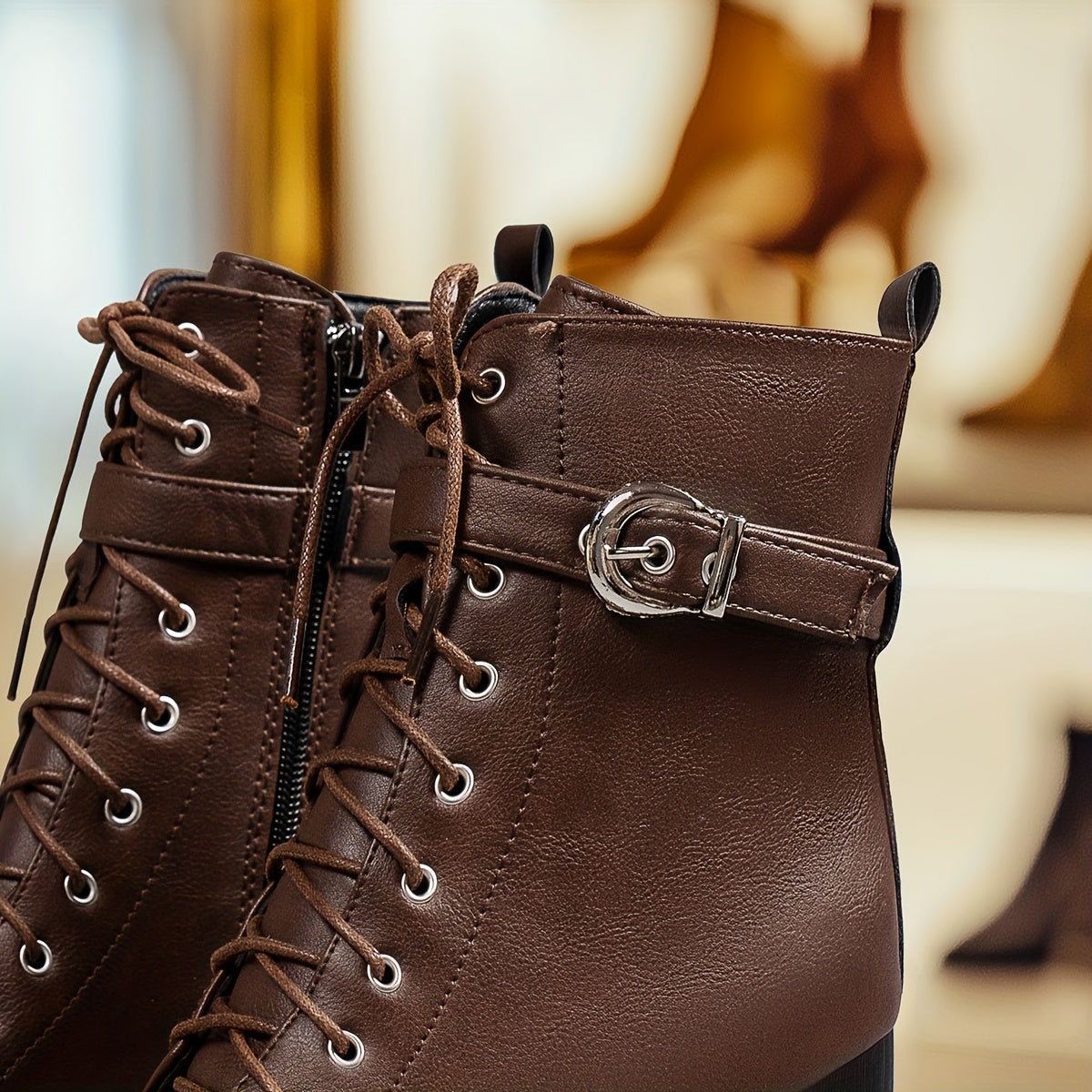 Женские ботинки на платформе с средним каблуком, однотонные, круглым носком, на шнуровке