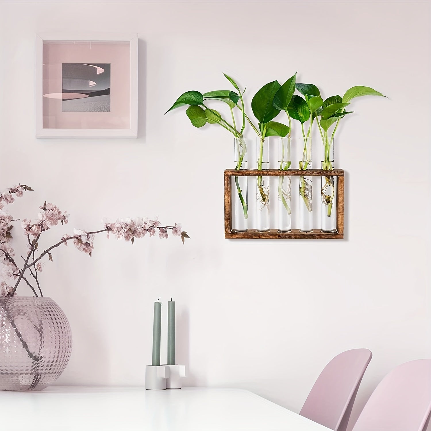 Glass Plant Container with Wooden Stand and Test Tubes for Hydroponic Indoor Gardening