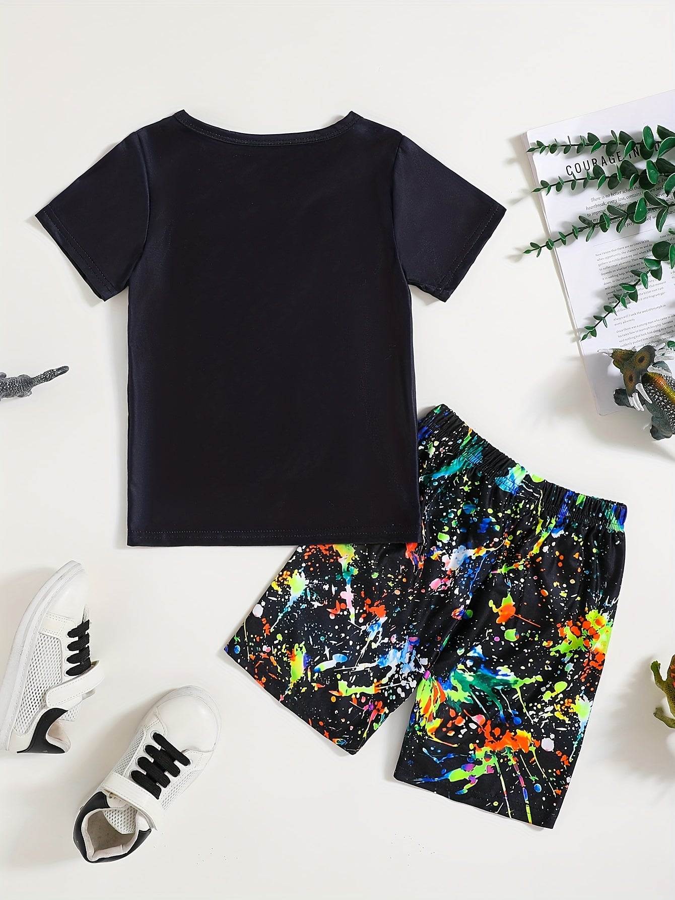 Boys' Summer T-Rex Print Short Sleeve T-Shirt and Shorts Set Lightweight Comfortable Kids Clothing