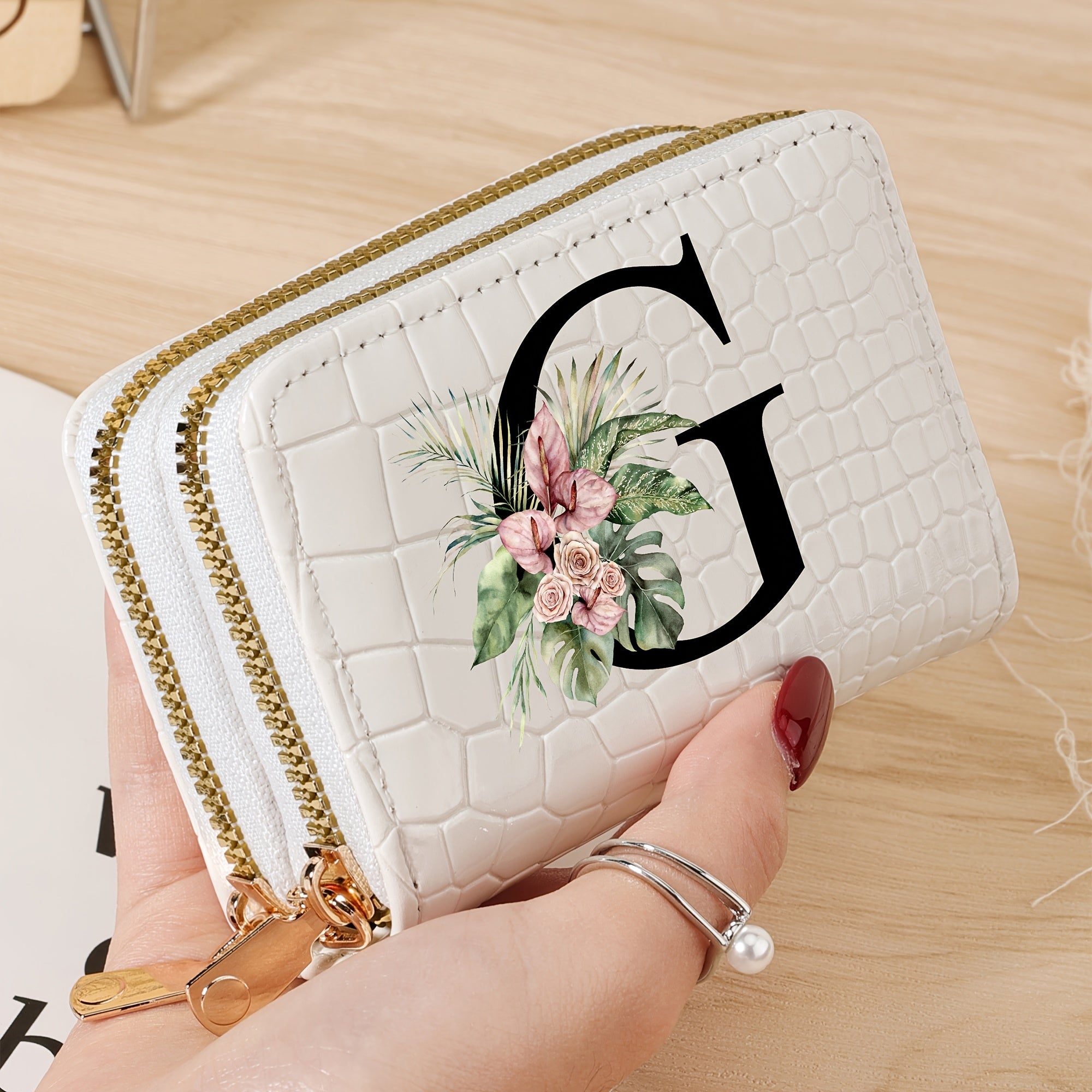 Cartera para tarjetas de crédito para mujer con estampado floral de letras, negro y blanco, gran capacidad, con cremallera y textura de cocodrilo en PU