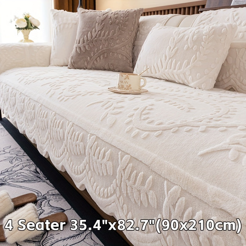 Beige Faux Rabbit Fur Sofa Cover for 1-4 Seaters with Floral Leaf Pattern Non-Slip Washable