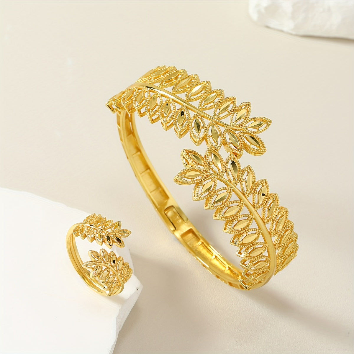 Gold Plated Leaf Jewelry Set for Weddings and Ramadan with Bracelet and Ring