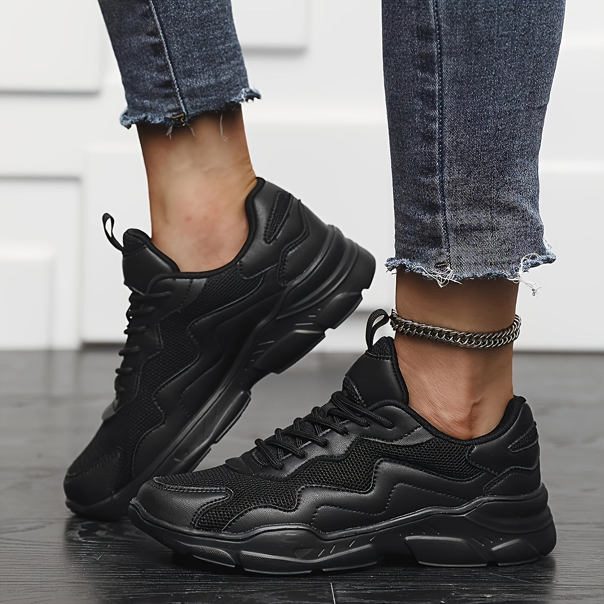 Women's Lace-Up Sneakers Black Low-Top Casual Formal Shoes