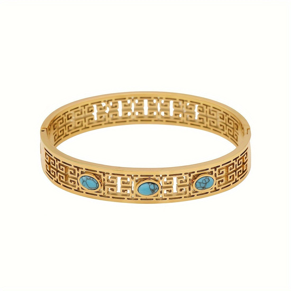 Women's Vintage Style 18K Gold Plated Stainless Steel Bracelet with Turquoise Inlay and Hollow Pattern