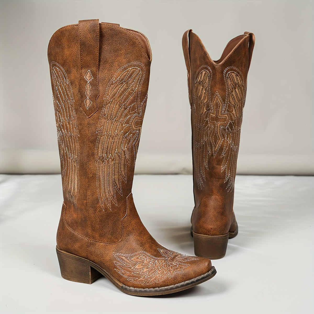 Women’s Western Cowboy Boots Faux Cover Embroidered Angel Wings Mid-Heel
