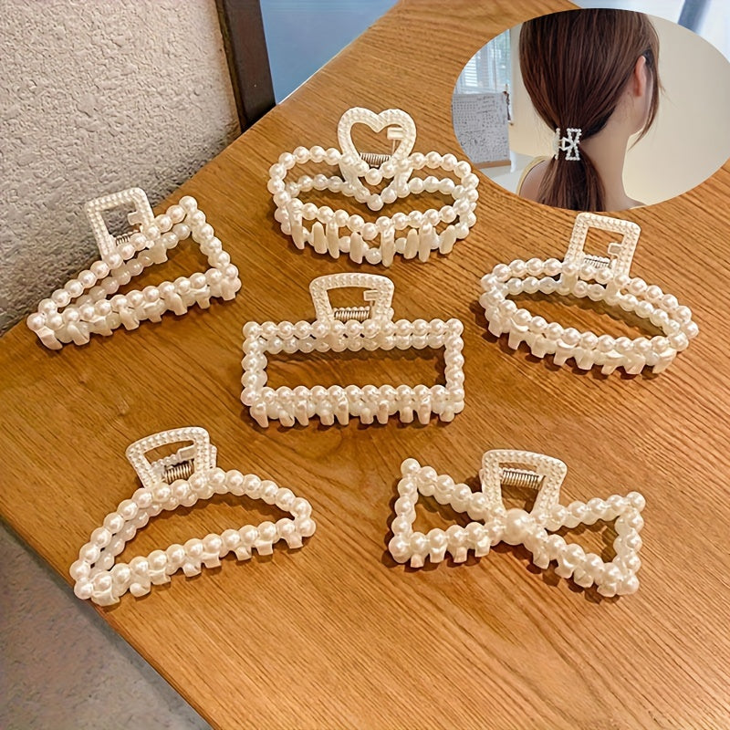 Set of 6 Vintage French Style Hair Clips with Hollow Design and Imitation Pearl Details