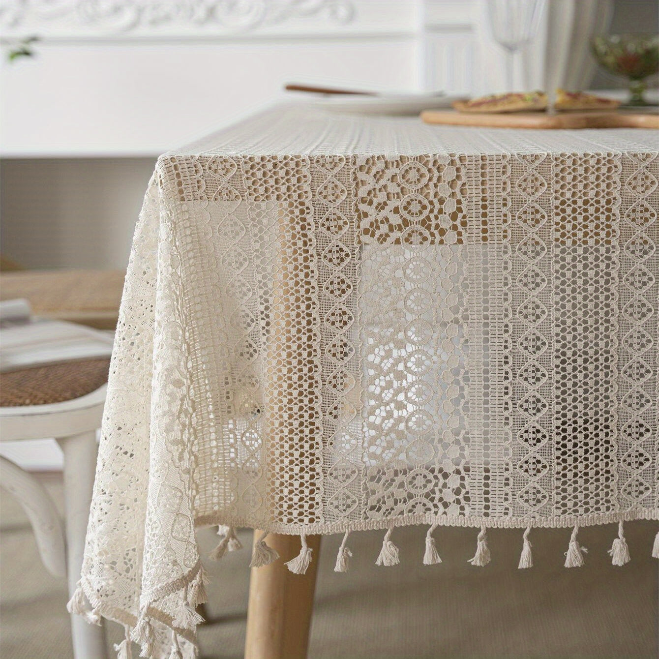 Bohemian Crochet Lace Rectangular Tablecloth for Dining and Parties Polyester Farmhouse Style