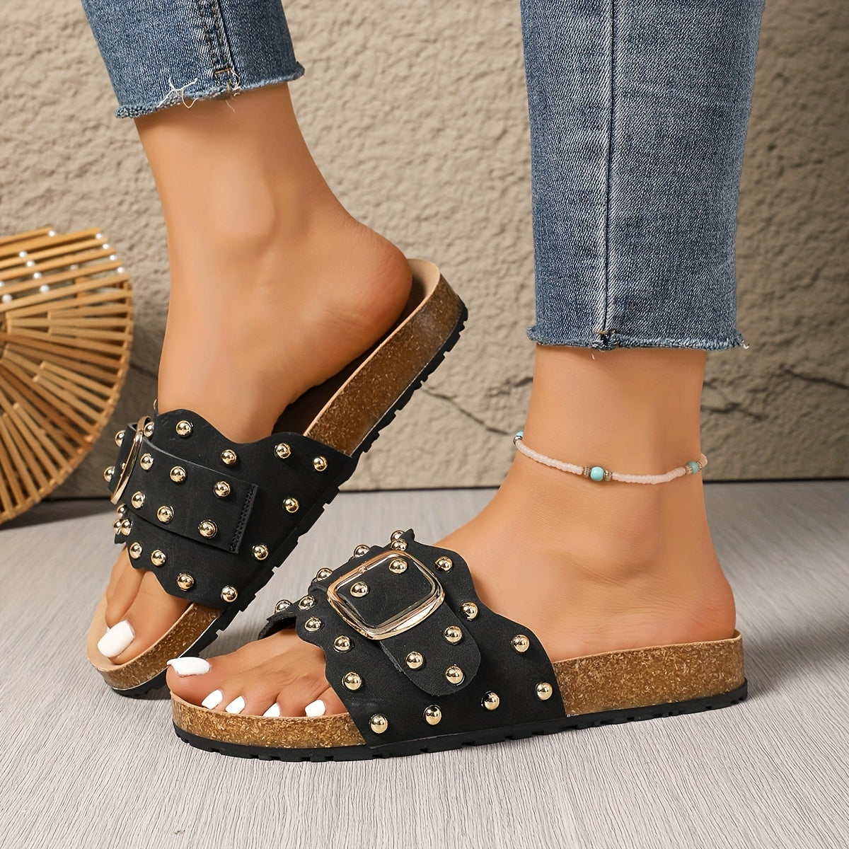 Women's Black Studded Slip-On Flat Sandals Open-Toe Summer Beach Shoes