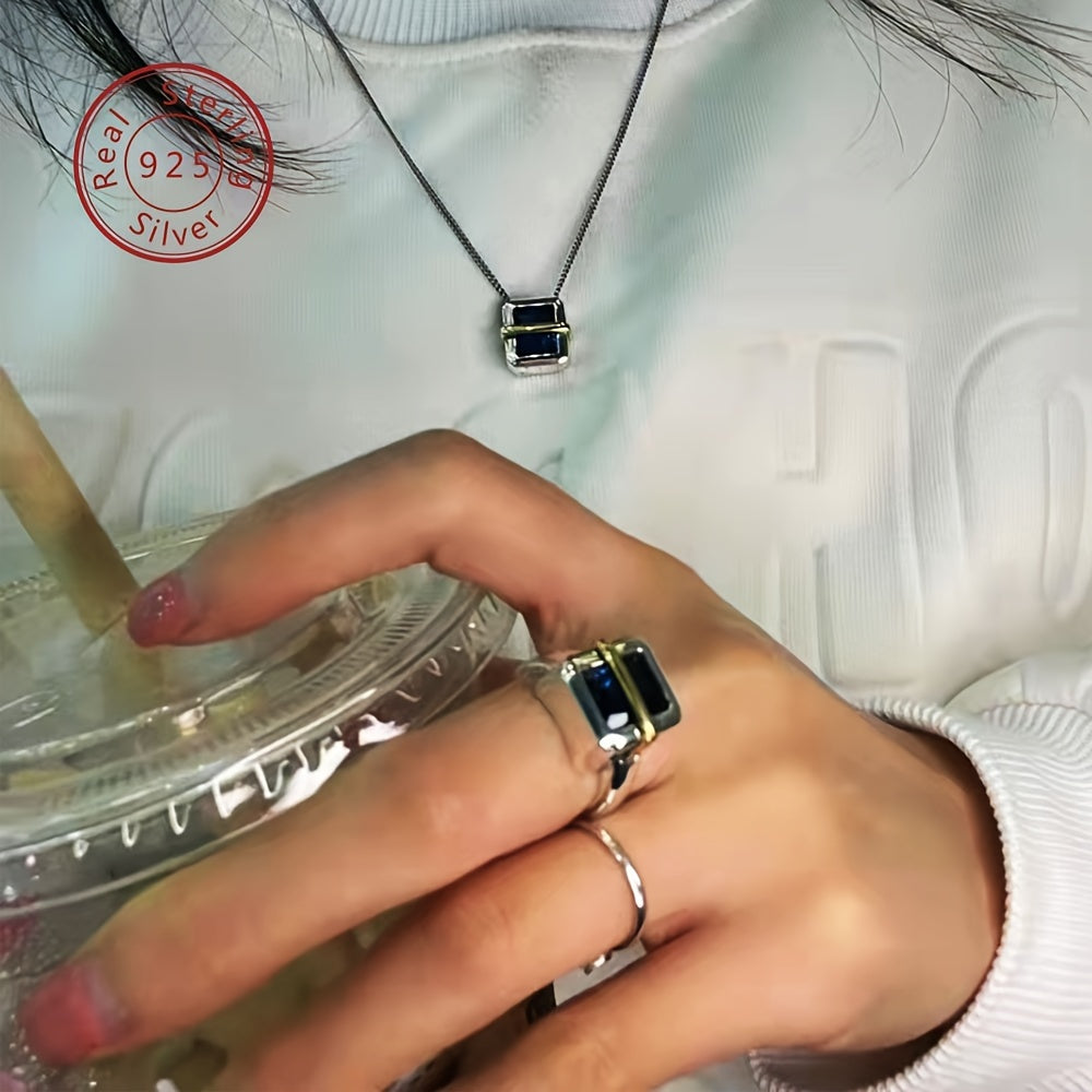 Sterling Silver Square Ring for Women with Blue Artificial Diamond Jewelry Gift