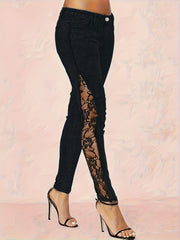 Серые узкие джинсы с высокой талией, кружевной отделкой, полосатым декором, из денима, для всех сезонов