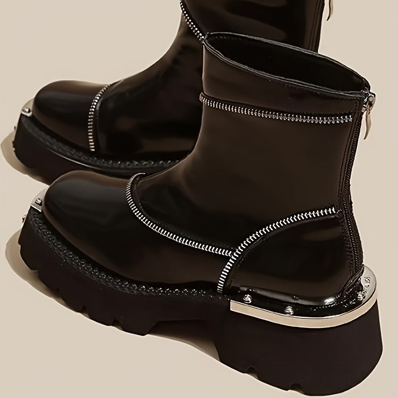 Women's Chunky Platform Boots Synthetic Black Slip-Resistant Zipper
