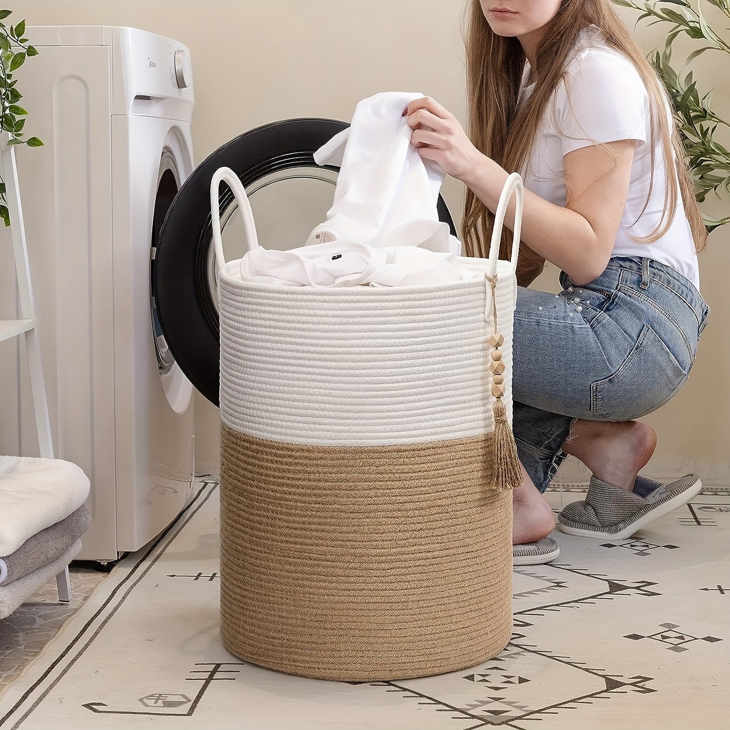 Toʻqilgan kir yuvish savati 40.6cm x 50.8cm, tutqich bilan, kiyimlar, oʻyinlar va saqlash uchun