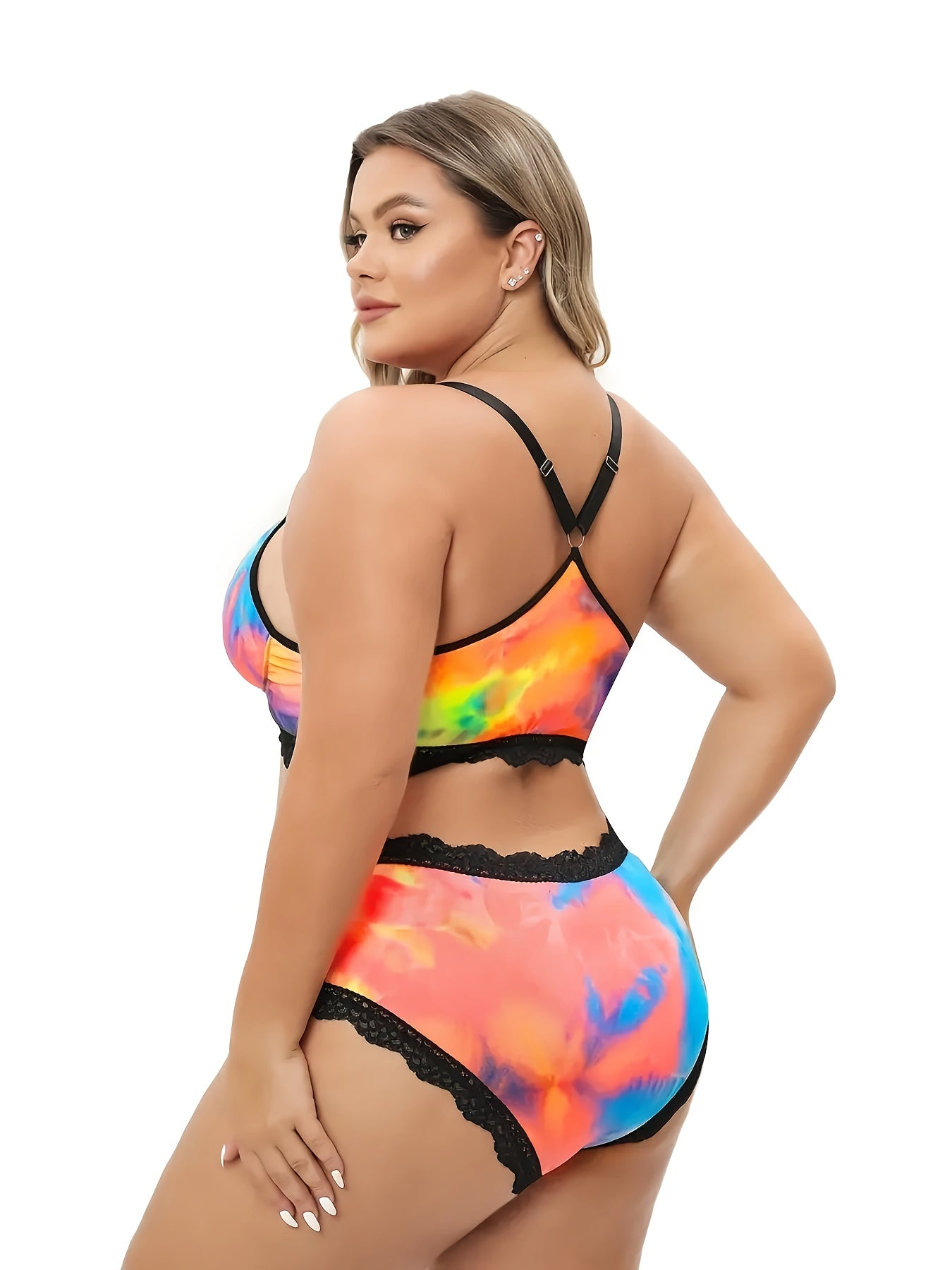 Plus Size Lingerie Set Tie Dye Lace Trim Racerback Bra and Panty