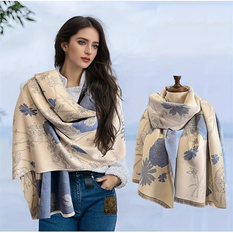 Women’s Warm Imitation Cashmere Scarf with Plant Print for Winter