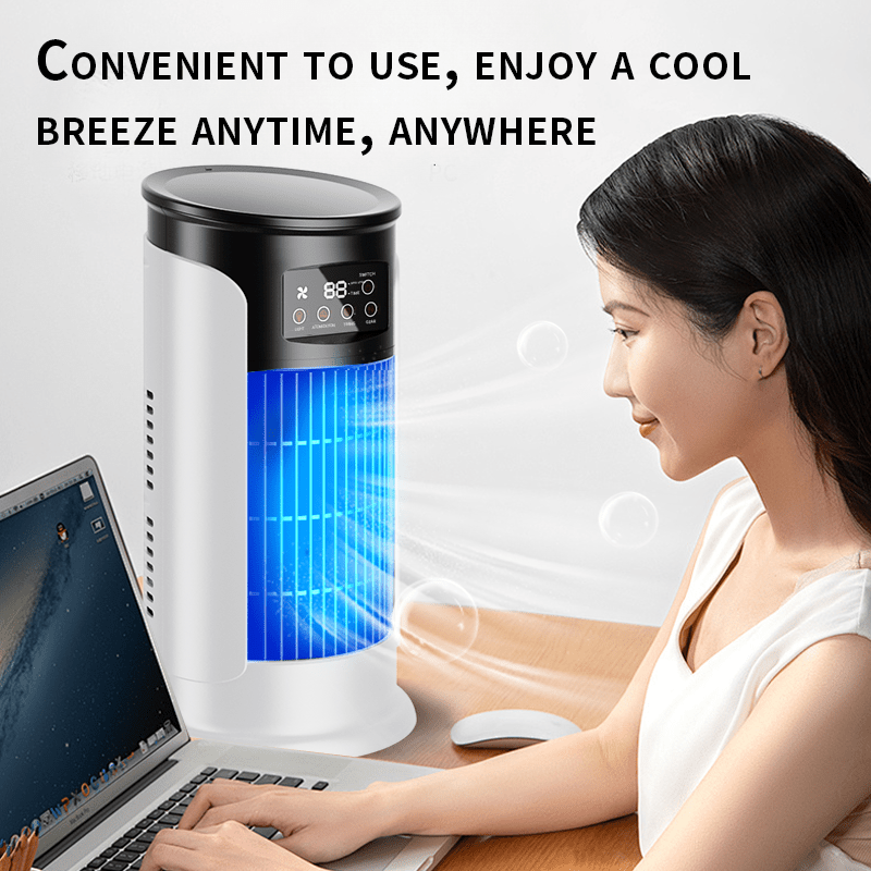 Ventilador de aire acondicionado USB portátil con enfriamiento, calefacción, humidificación, luz nocturna y 6 velocidades de ventilador