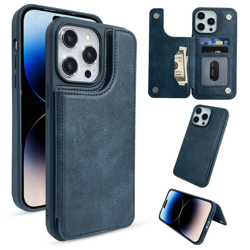Faux Leather Phone Case with Card Wallet Magnetic Button for iPhone Models