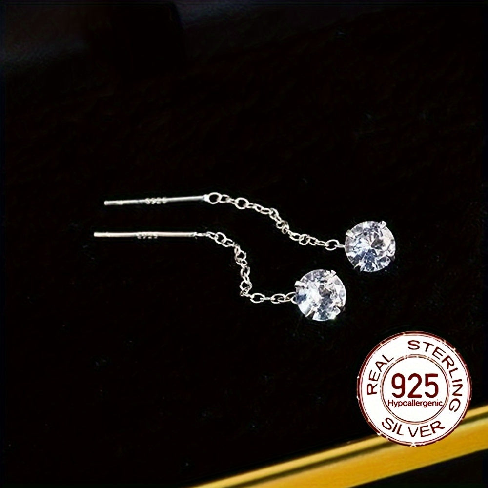 Sterling Silver Hypoallergenic Cube Earrings with Zirconia Dangle Chain Design