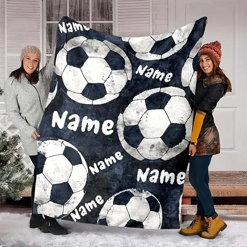Personalized Soccer Ball Patterned Throw Blanket Knitted Polyester All-Season Sofa Bed Cover