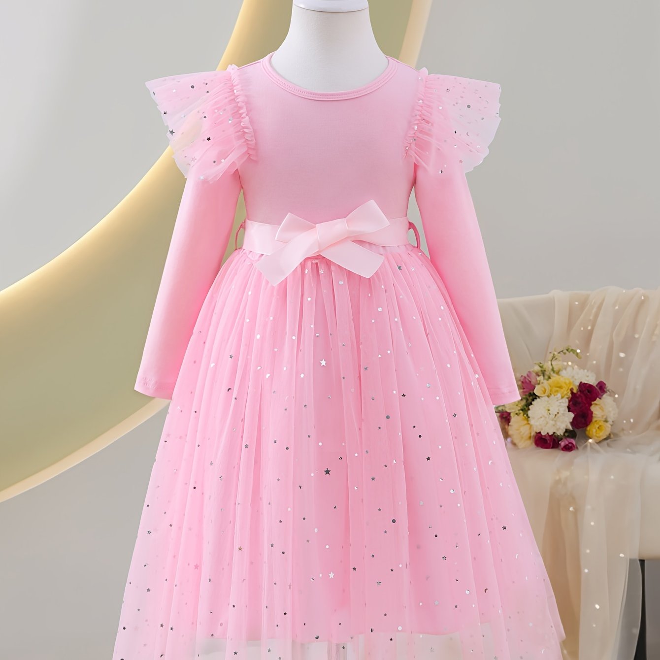 Girls Long Sleeve Tulle Hem A-line Dress for Spring Fall Casual Party Outdoor