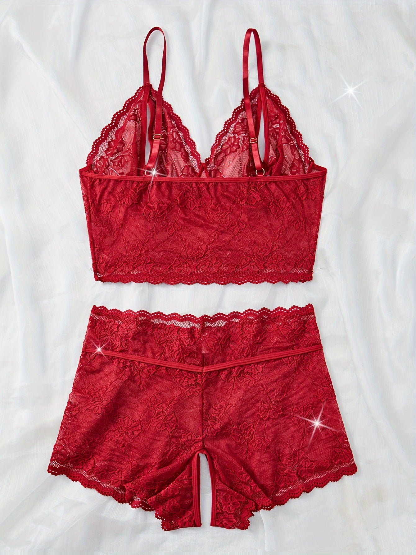 Conjunto de lencería sexy de gran tamaño con adorno de encaje de flores en forma de abanico, lazo frontal, sujetador y braga con abertura