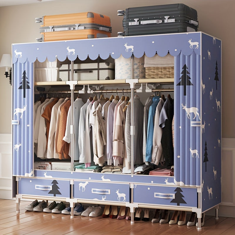 Pink Floral and Bird Pattern Wardrobe Closet with Cover and Metal Frame for Bedroom or Rental Space