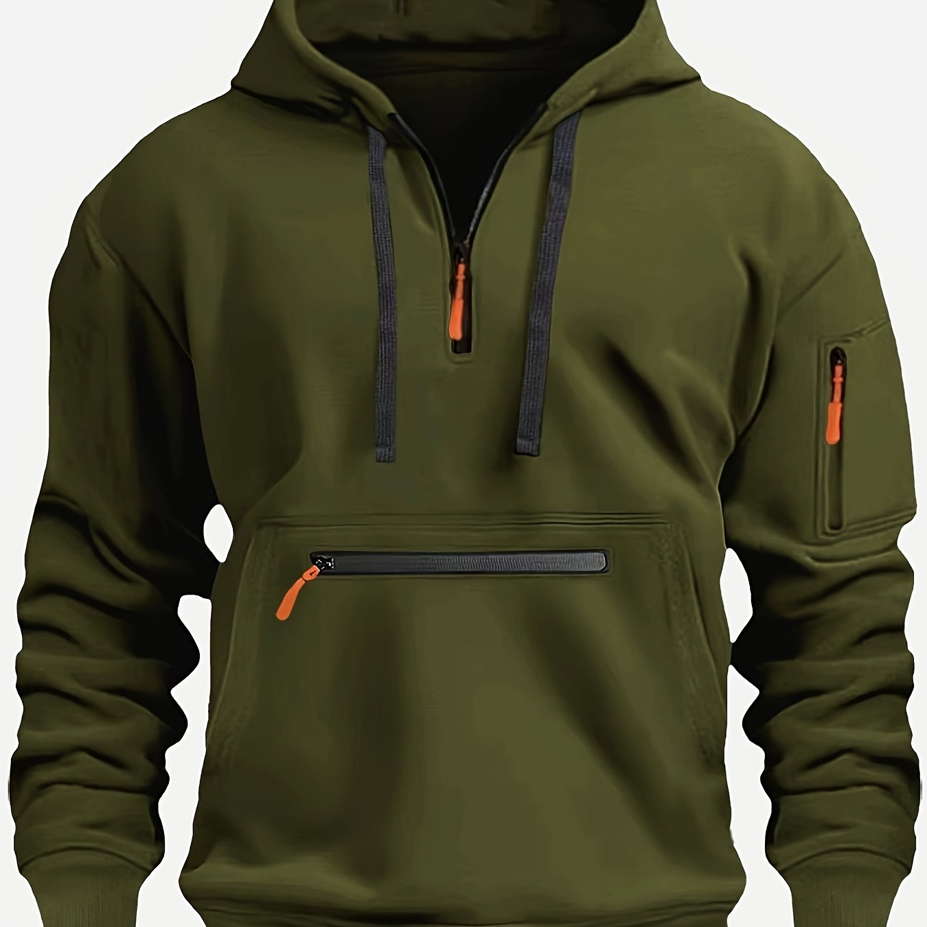 Men's Solid Color Polyester Half-Zip Hoodie with Kangaroo Pocket for Fall Winter