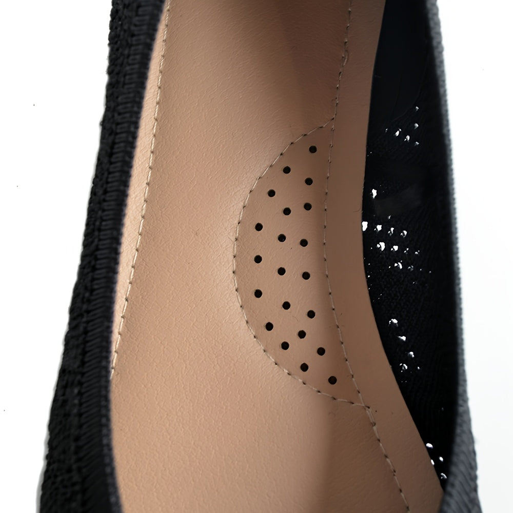 Women Slip-On Ballet Flats Breathable Knit Round-Toe Shoes Black Beige
