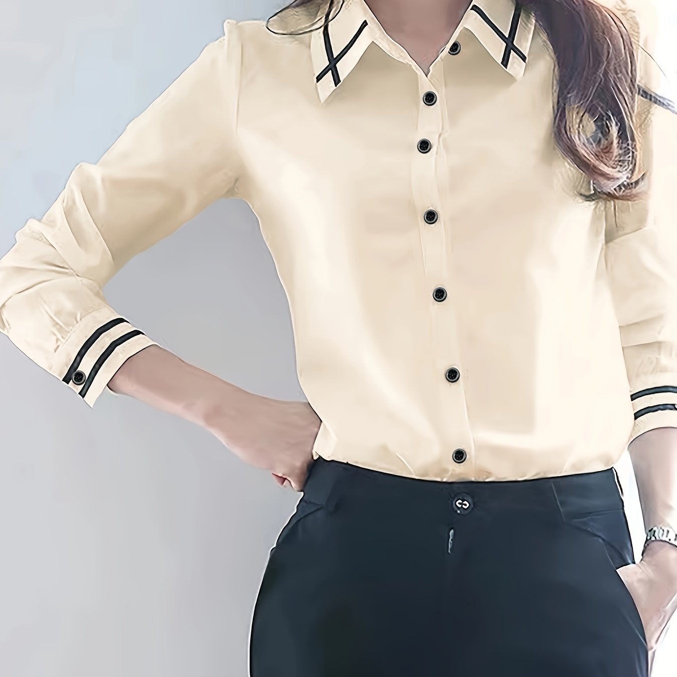 Adult Long Sleeve Color Block Polyester Shirting with Lapel Collar