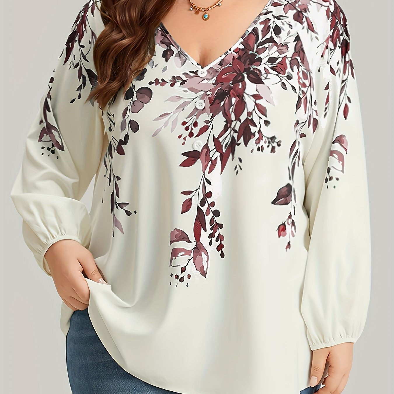 Plus Size Floral Print Blouse V-Neck Long Sleeve Spring Women's Clothing
