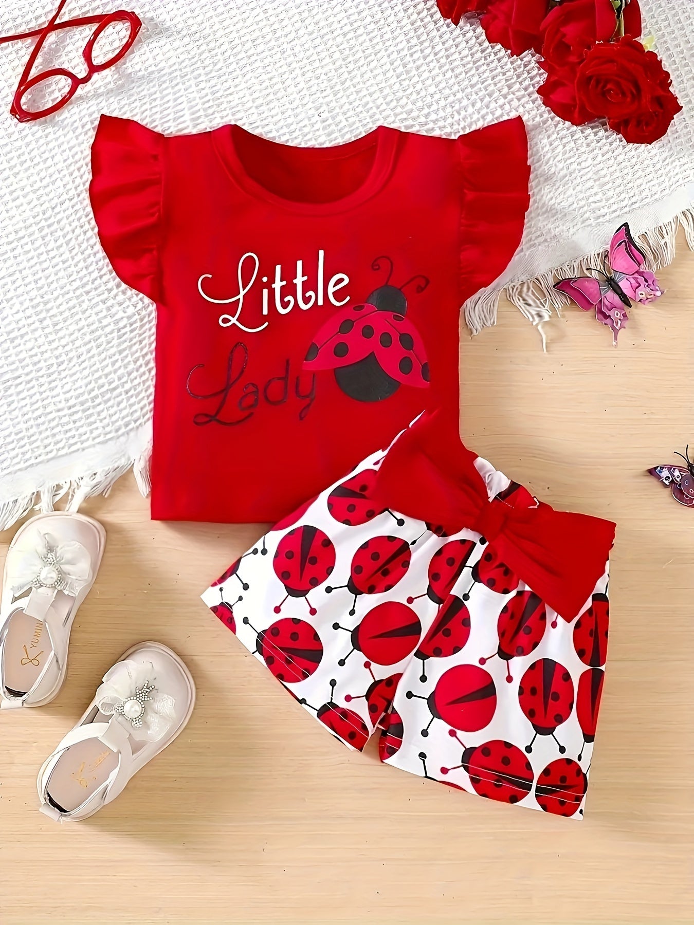 Baby Girls Ruffled Sleeve T-Shirt and Bow Ladybug Shorts Set Summer Cotton