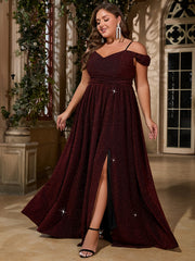 Plus Size Off-Shoulder Glittery Maroon Bridesmaid Dress Long Gown
