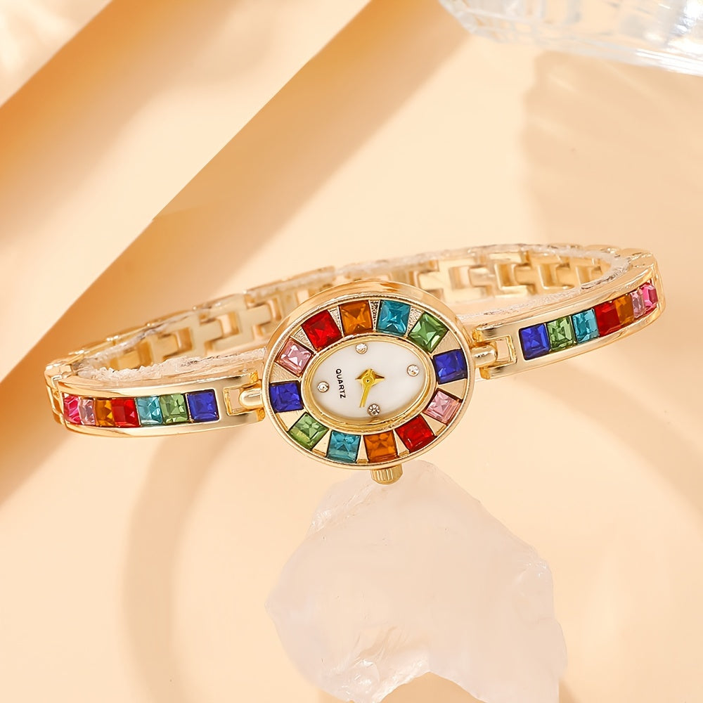 Women's Gold-Tone Watch with Colorful Rhinestones for Gift Occasions