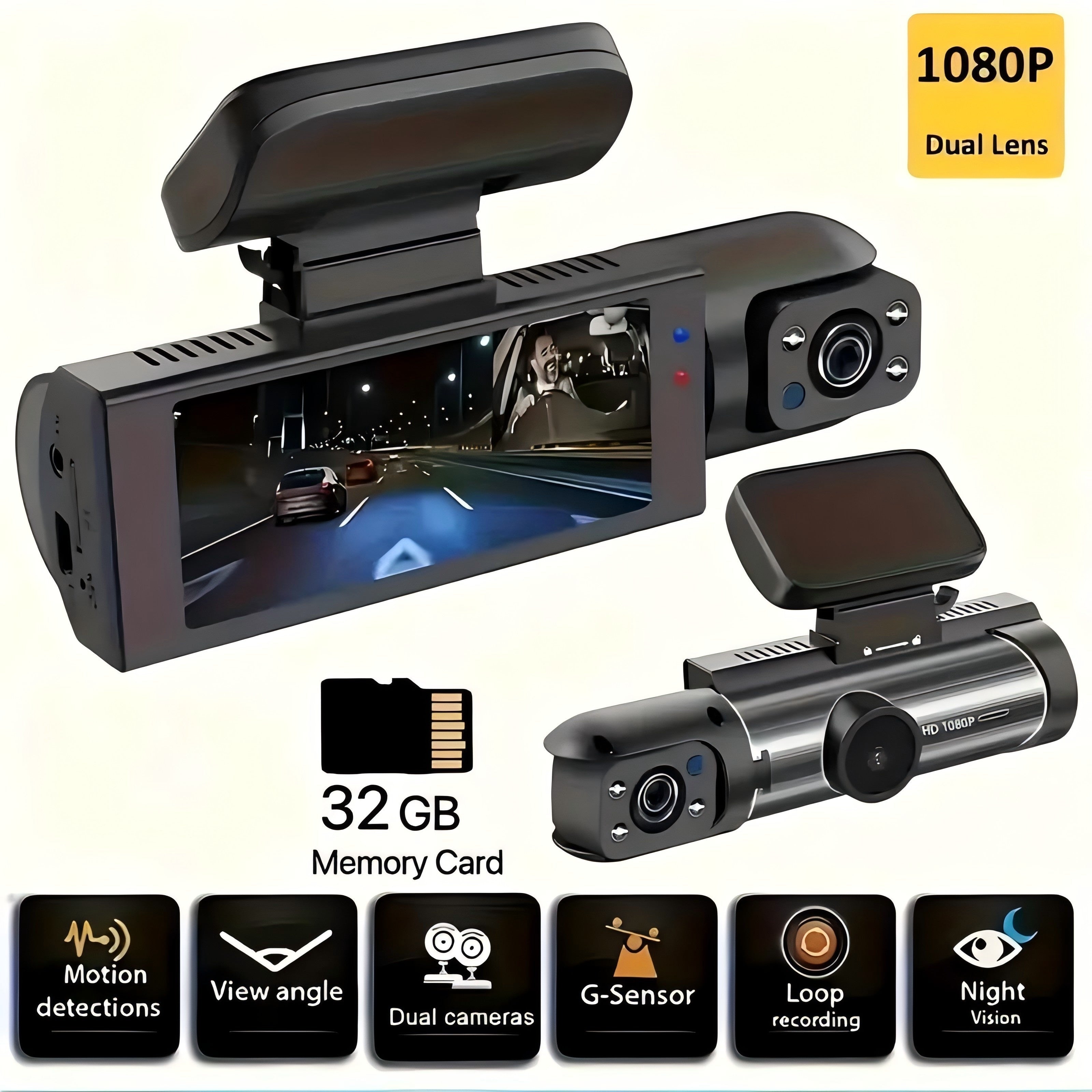 1080P Dual Camera Car DVR Night Vision Wide Angle IPS Screen Easy Install Rechargeable Battery