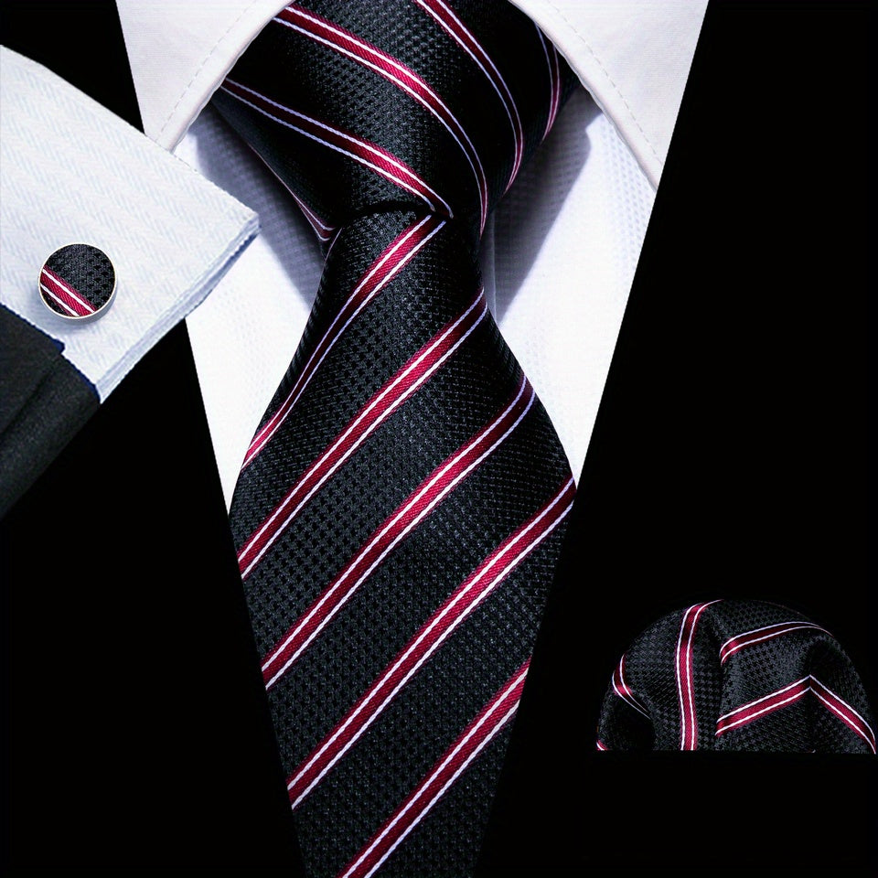 Men's Classic Striped Tie Set with Matching Handkerchief and Cufflinks for Formal and Casual Wear