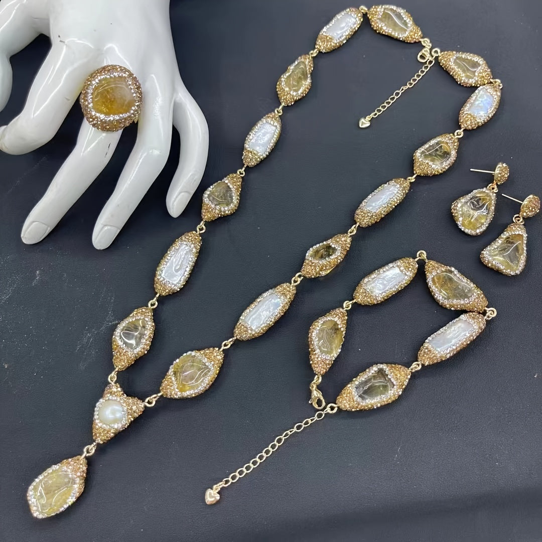Conjunto de joyería bohemia con piedra natural y perla barroca en cobre chapado en oro de 14 quilates