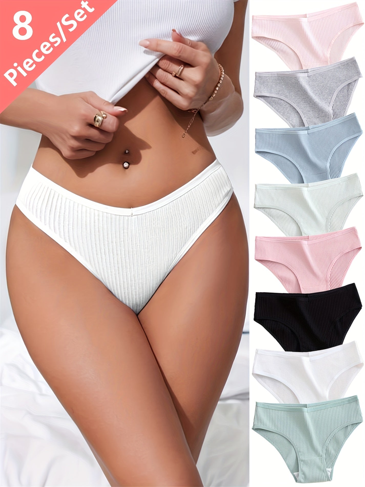 Women's Breathable Ribbed Stretch Briefs Pack of 8 Comfortable Underwear