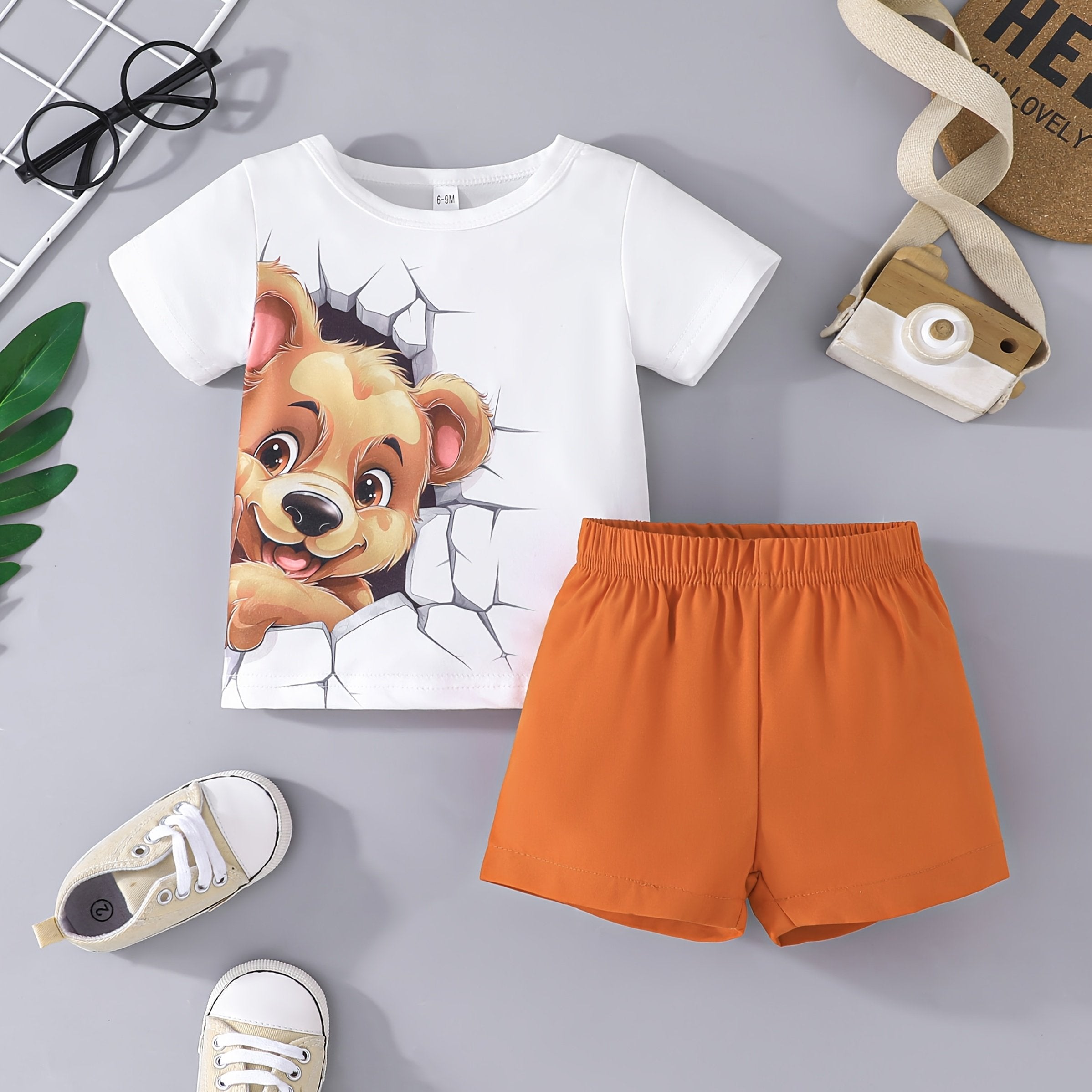 Boys' Spring Fall Cartoon Dog Print T-Shirt and Orange Shorts Outfit Set