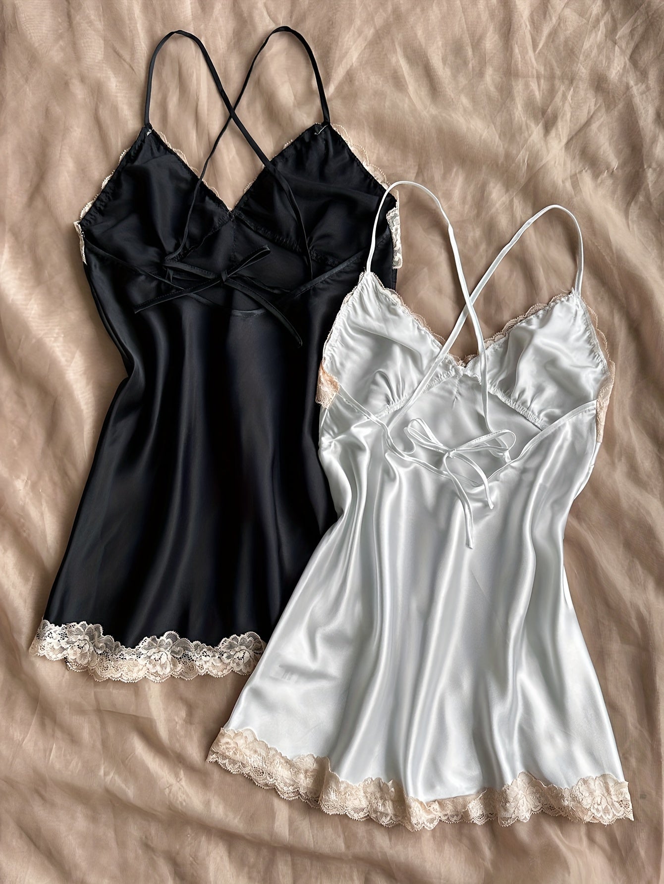 Solid Satin Lace Trim Nightgown for Women V-Neck Strappy Back Split Hem All-Season