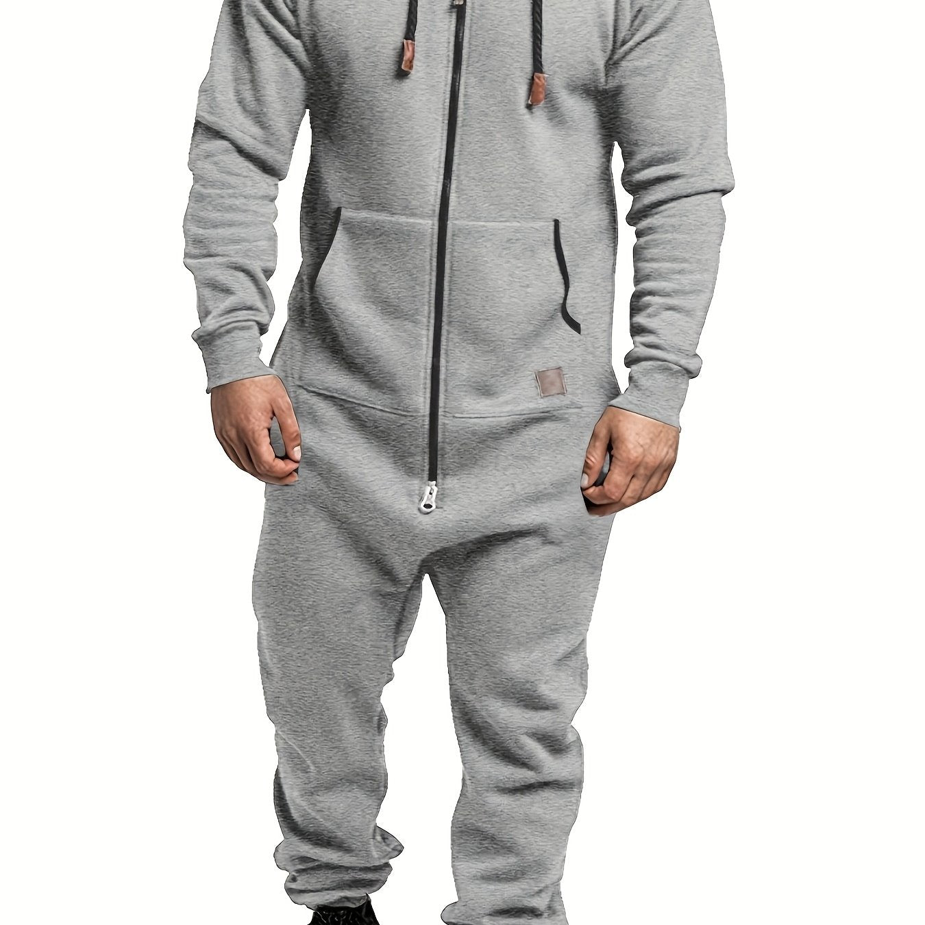 Men's Winter Pajama Jumpsuit Solid Long Sleeve Knit Polyester Hooded Pockets Comfortable Lounge Wear