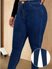 Women's Plus Size Dark Blue High-Waisted Casual Jeans with Stretchy Fabric