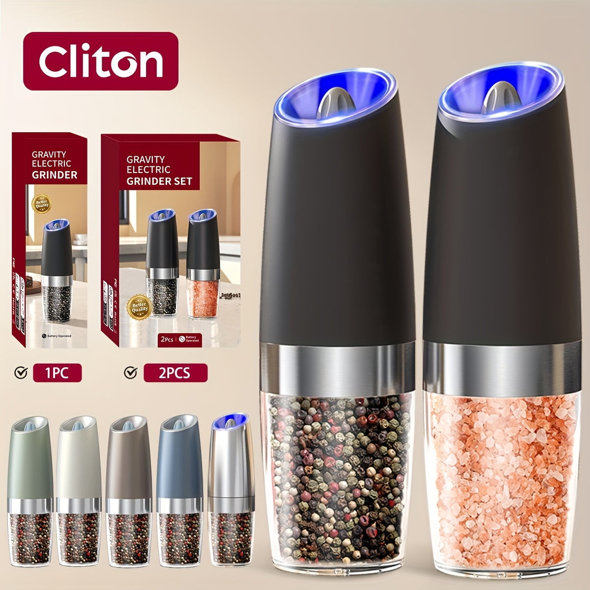 LED chirog'i bilan elektr tuz va murch maydalagich Avtomatik murch maydalagich