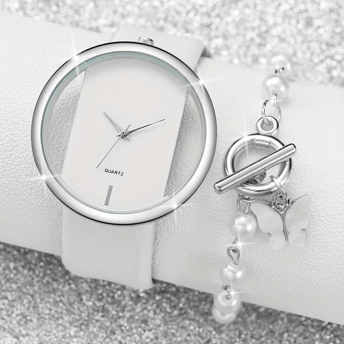 Women's Fashion Watch Set with Skeleton Dial and Leather Bracelet