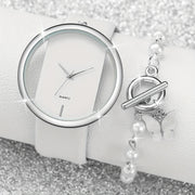 Women's Fashion Watch Set with Skeleton Dial and Leather Bracelet