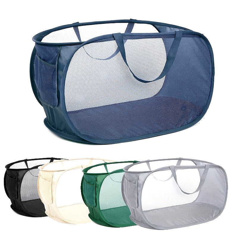 Mesh Laundry Basket with Side Pockets Foldable Sturdy Handle for Home Organization