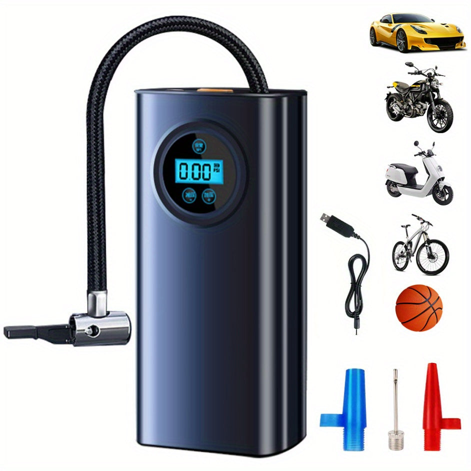Portable Cordless Tire Inflator with LCD Display and Nozzle Adapters