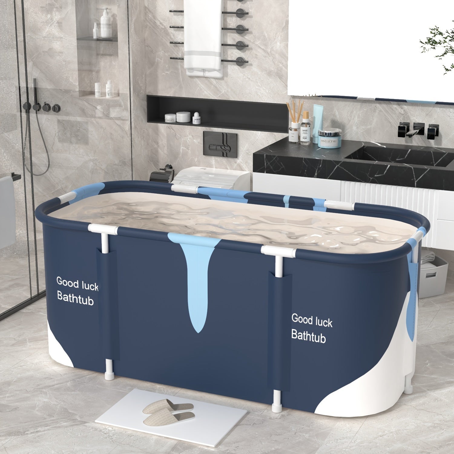 Adults Foldable Freestanding Bathtub PVC Blue White Marble Pattern Dual-Person Easy to Use