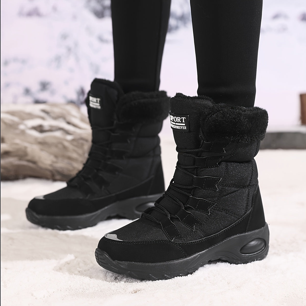 Women's Fleece-Lined Mid-Calf Winter Boots Black Size 7