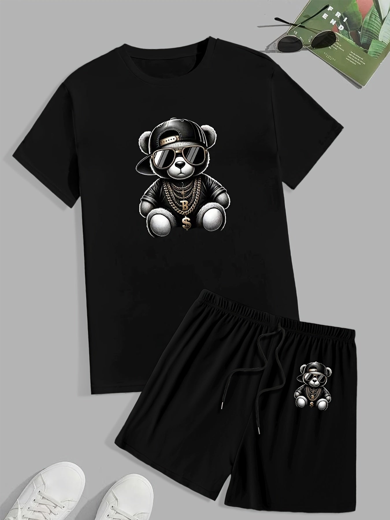 Men's Cartoon Bear Print Pajama Set Short Sleeve Shorts Knit Sleepwear All Seasons